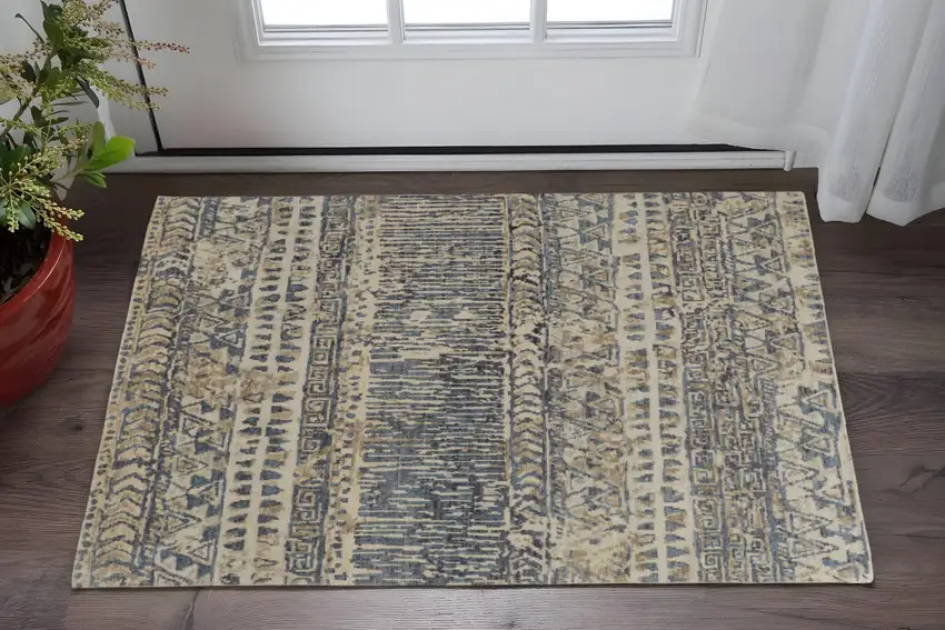 Ivory and Blue Wool Geometric Hand Knotted Area Rug Photo 1