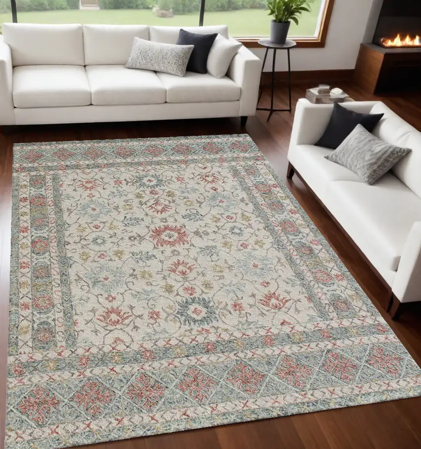 Ivory and Blue Wool Oriental Hand Tufted Non Skid Area Rug Photo 1