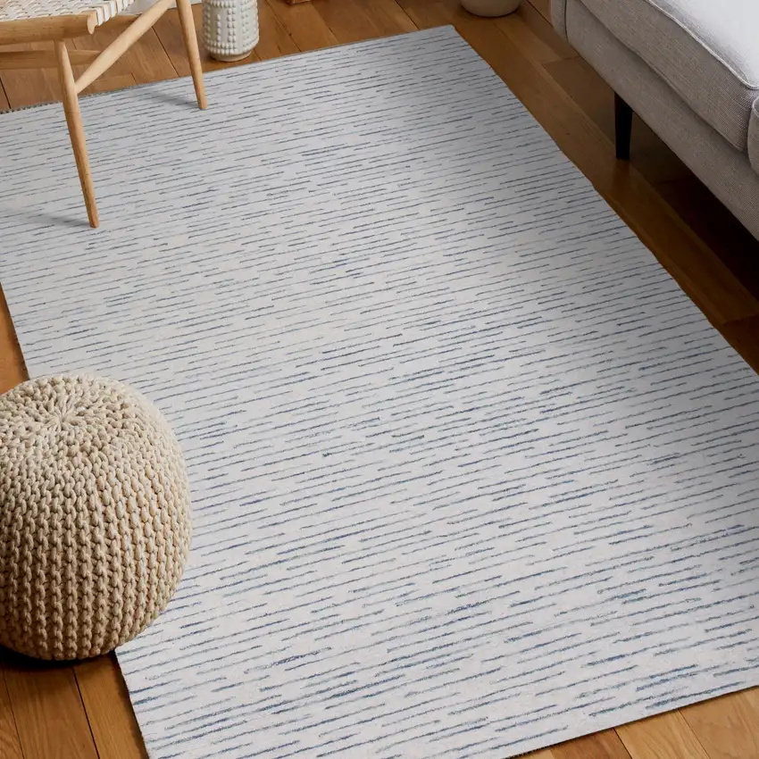 Ivory and Blue Wool Striped Hand Tufted Area Rug Photo 8