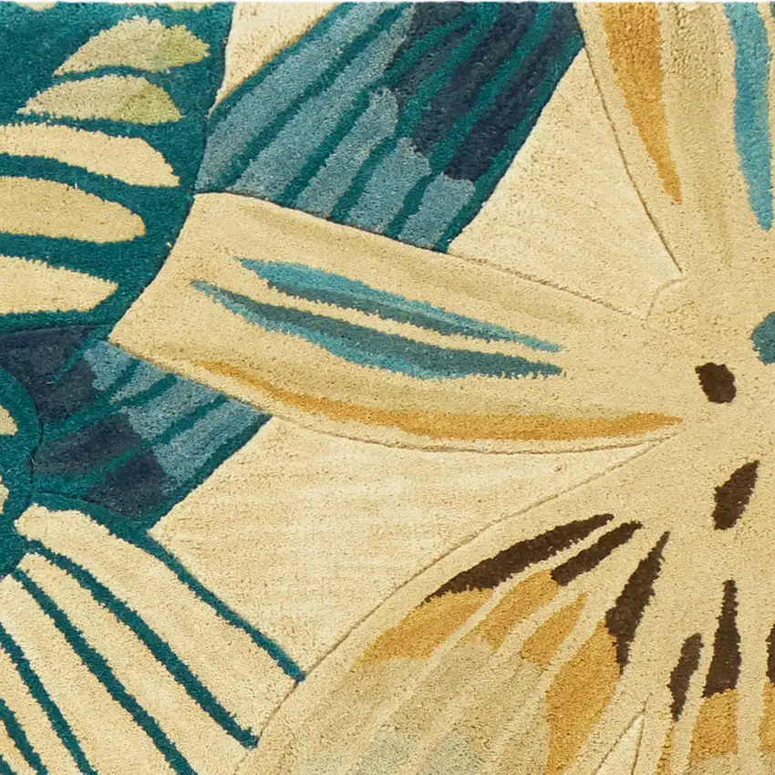 Ivory and Blue Wool Tropical Botanical Handmade Area Rug Photo 4