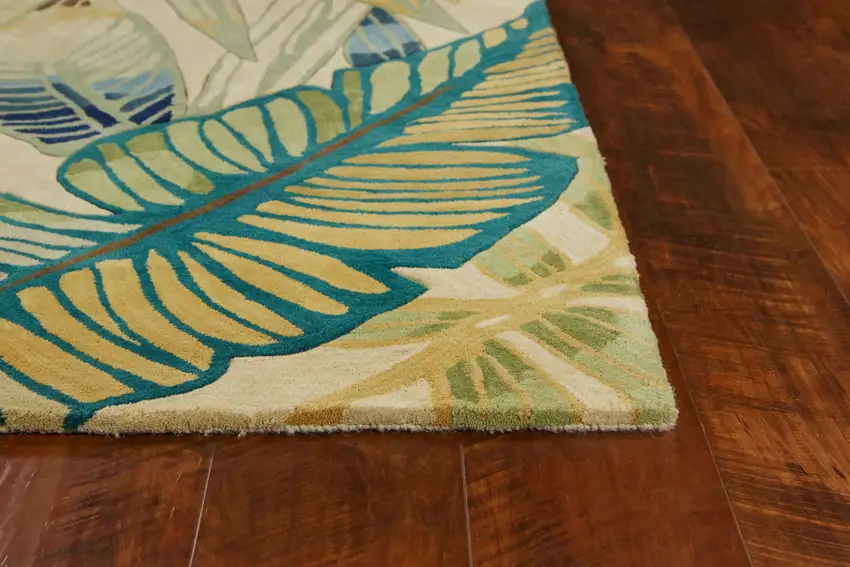 Ivory and Blue Wool Tropical Botanical Handmade Area Rug Photo 5