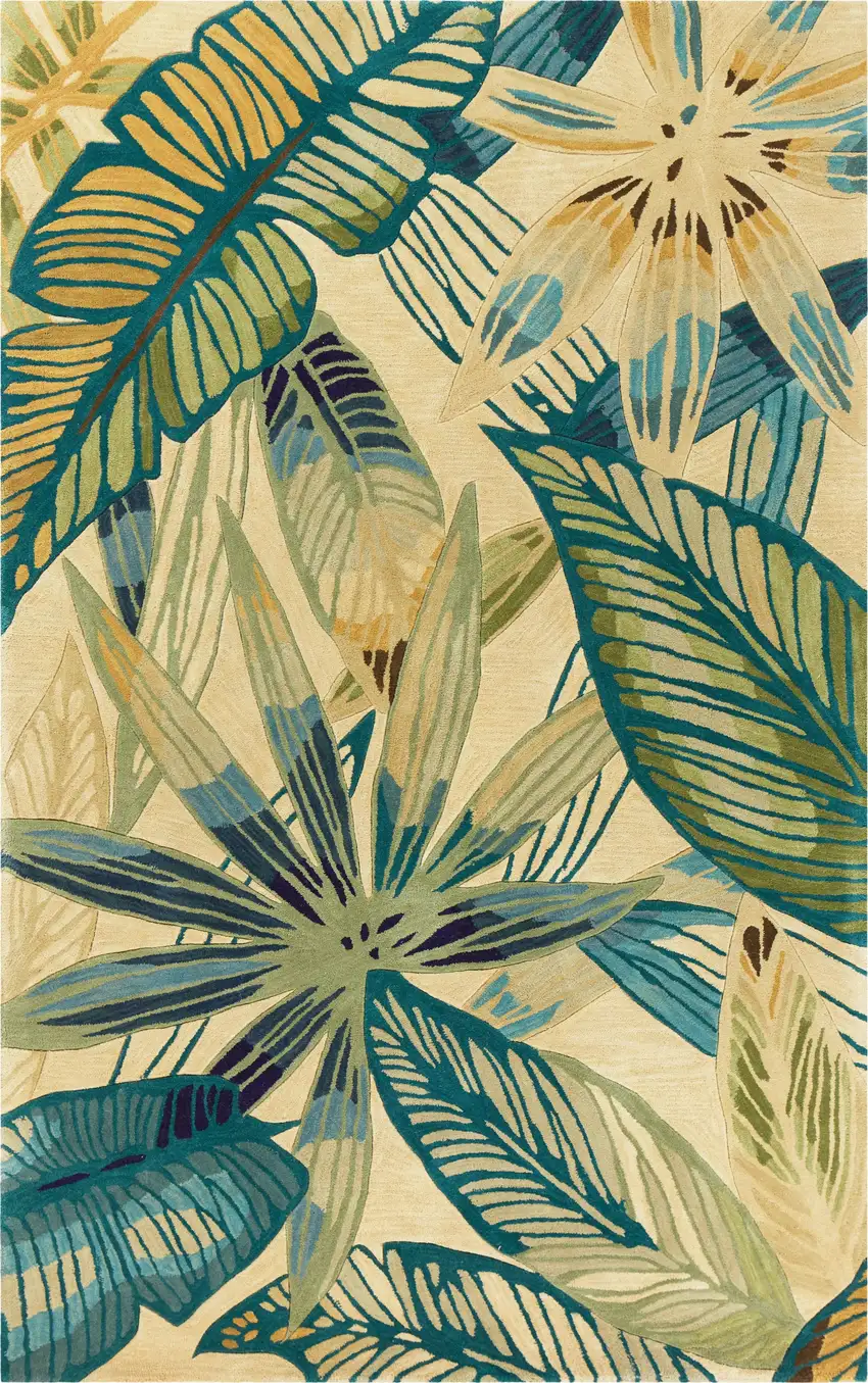 Ivory and Blue Wool Tropical Botanical Handmade Area Rug Photo 1