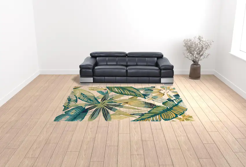 Ivory and Blue Wool Tropical Botanical Handmade Area Rug Photo 2