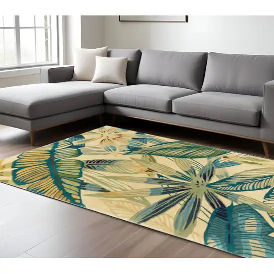 Ivory Teal And Green Wool Tropical Botanical Hand Tufted Area Rug Photo 1