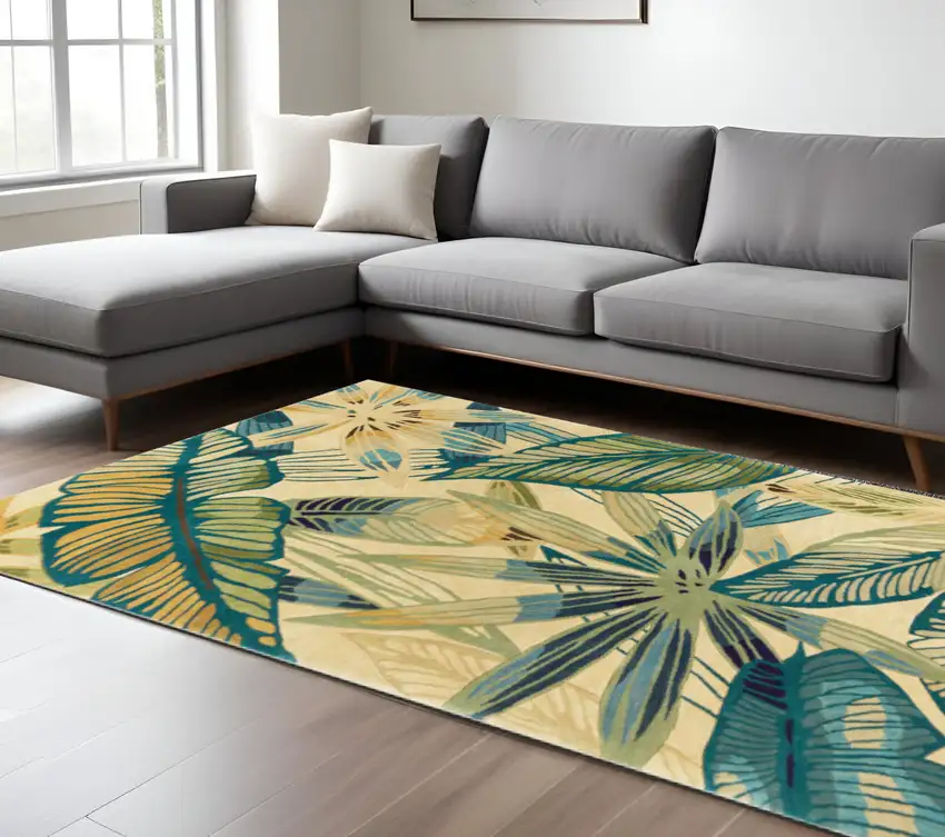 Ivory Teal And Green Wool Tropical Botanical Hand Tufted Area Rug Photo 1