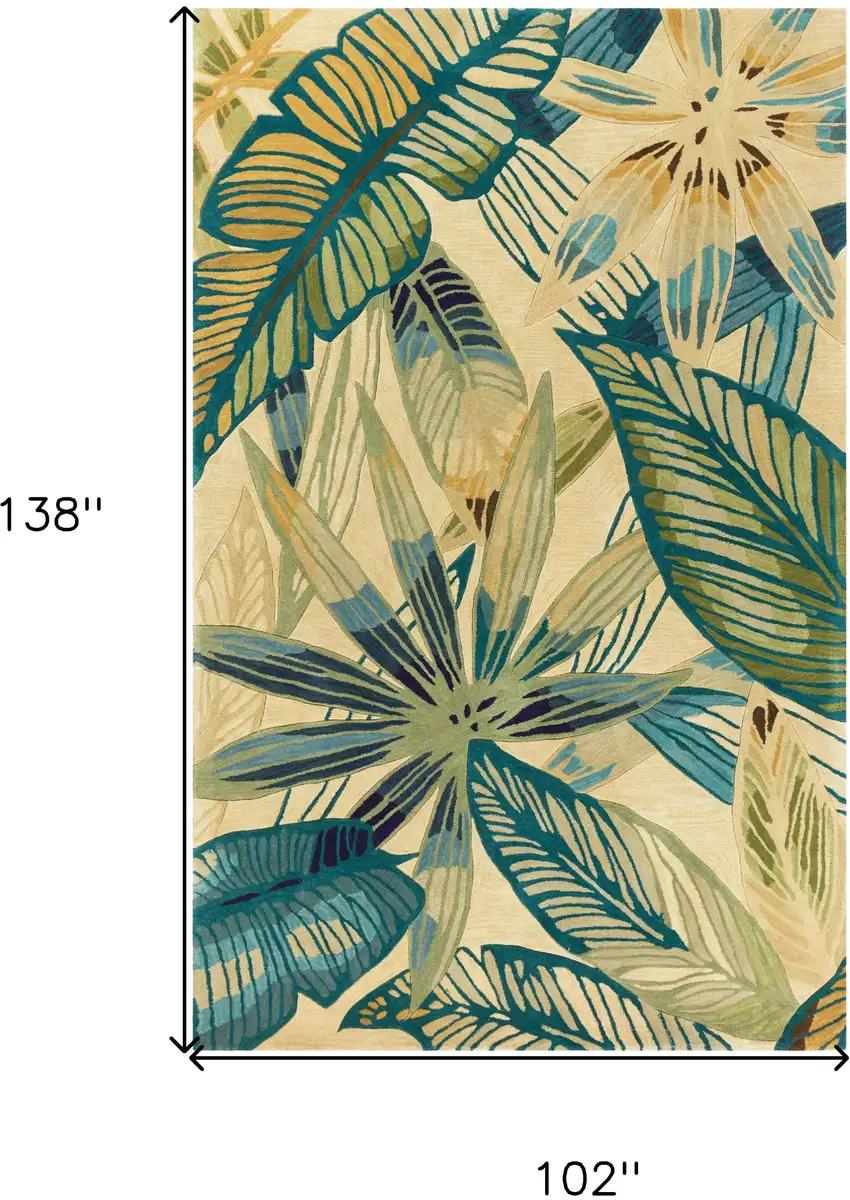 Ivory and Blue Wool Tropical Botanical Handmade Area Rug Photo 6