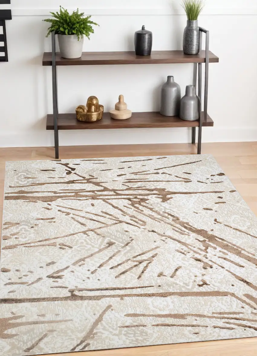 Ivory and Brown Abstract Area Rug Photo 2