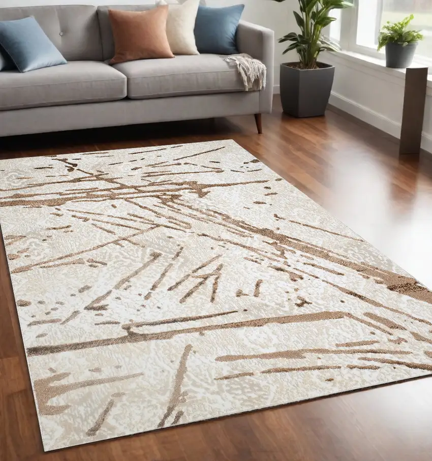 Ivory and Brown Abstract Area Rug Photo 2