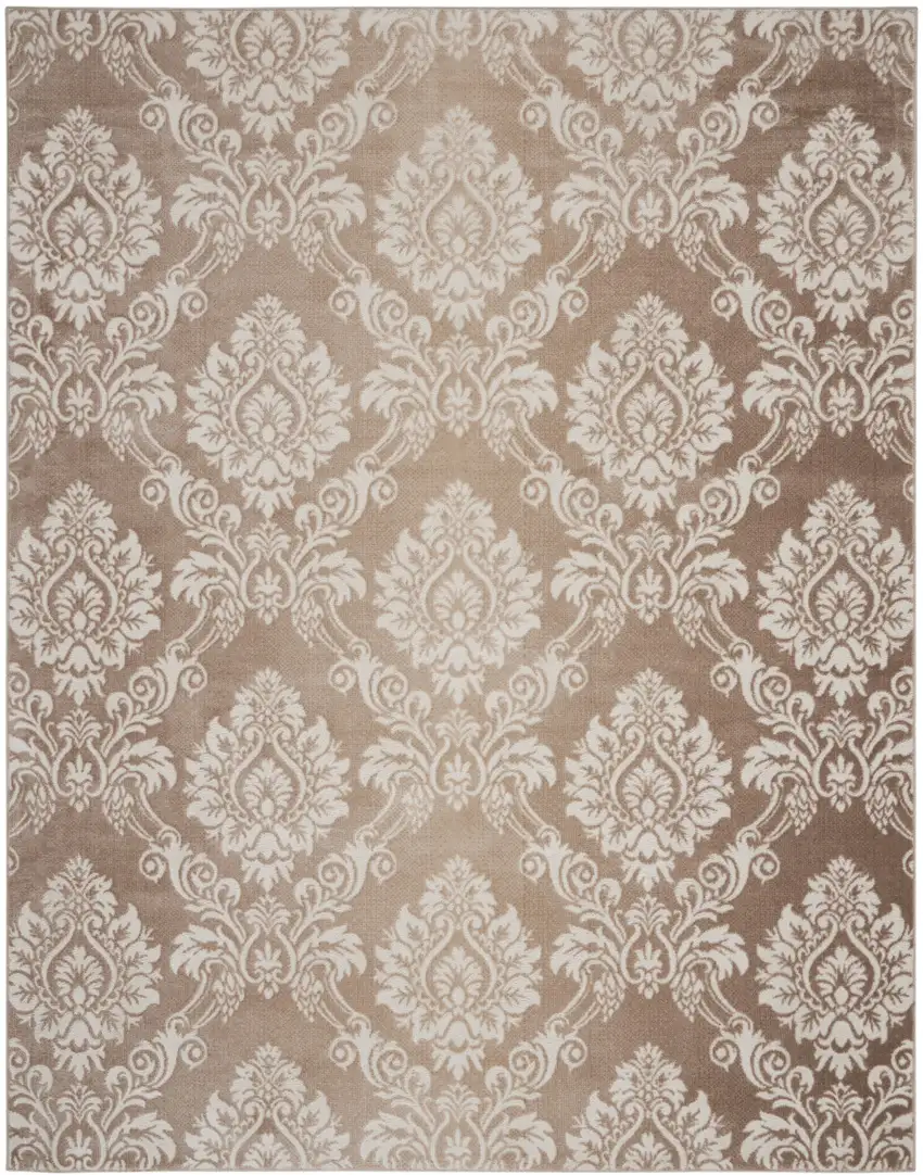 Ivory and Brown Damask Distressed Non Skid Area Rug Photo 2
