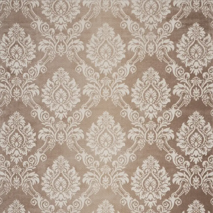 Ivory and Brown Damask Distressed Non Skid Area Rug Photo 8