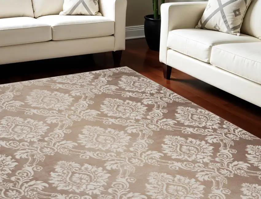 Ivory and Brown Damask Distressed Non Skid Area Rug Photo 1