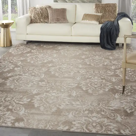 Ivory and Brown Damask Distressed Non Skid Area Rug Photo 4