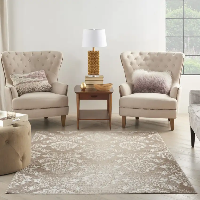 Ivory and Brown Damask Distressed Non Skid Area Rug Photo 4