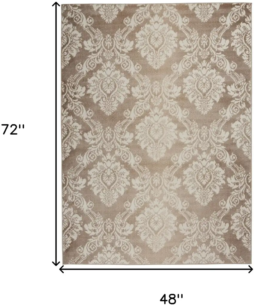 Ivory and Brown Damask Distressed Non Skid Area Rug Photo 3