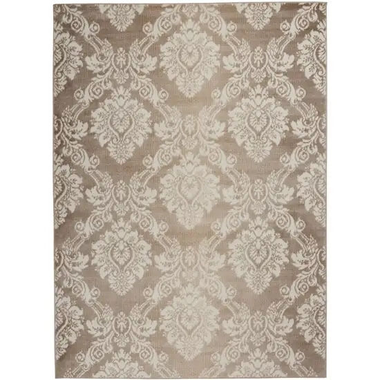 Ivory and Brown Damask Distressed Non Skid Area Rug Photo 2