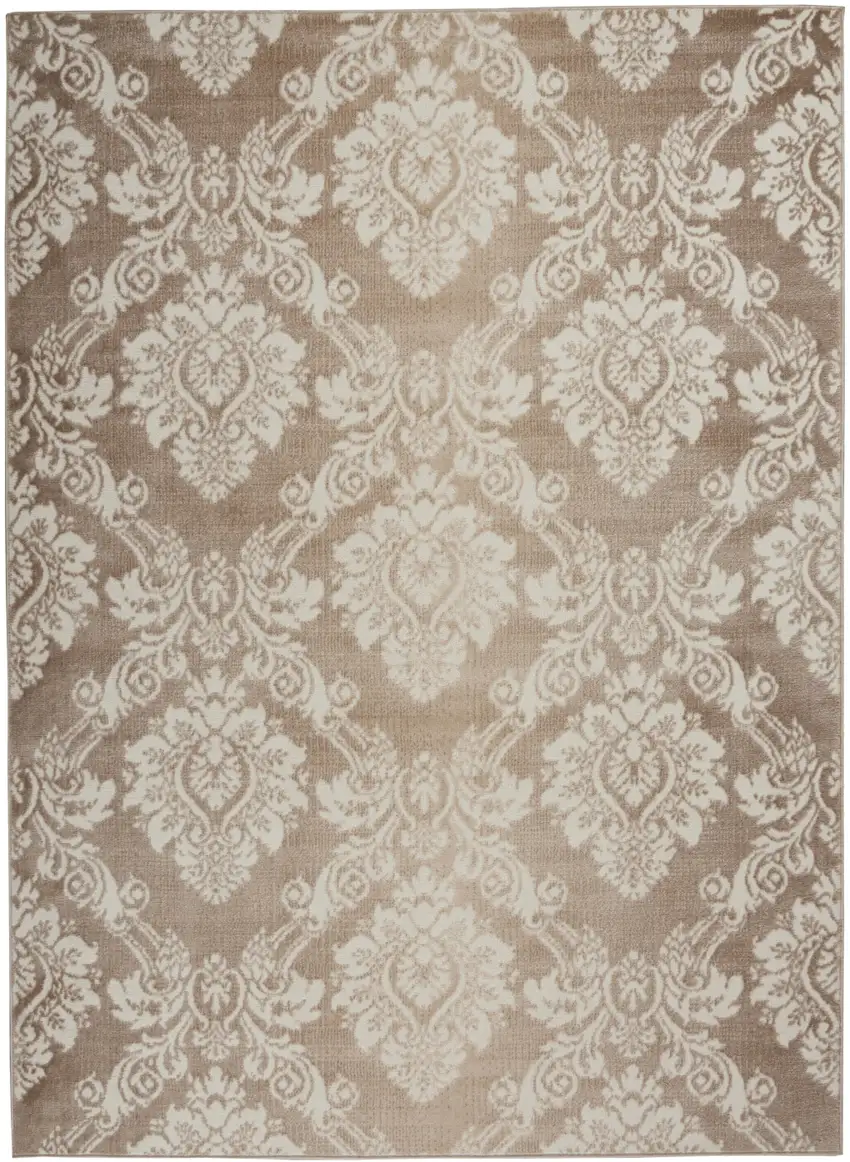 Ivory and Brown Damask Distressed Non Skid Area Rug Photo 2