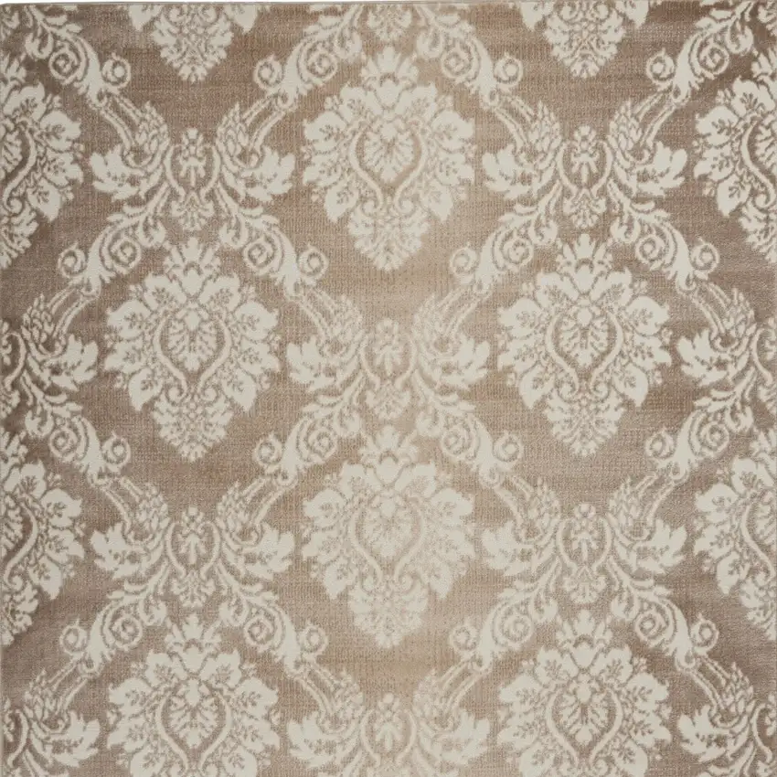 Ivory and Brown Damask Distressed Non Skid Area Rug Photo 8