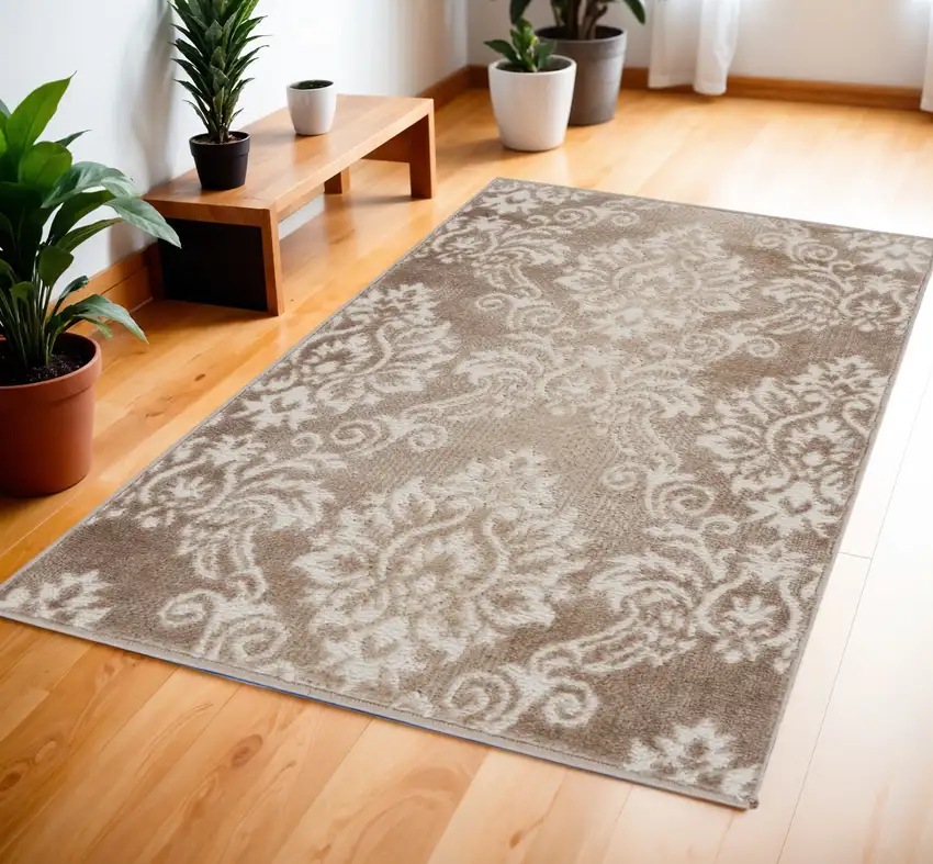 Ivory and Brown Damask Distressed Non Skid Area Rug Photo 1