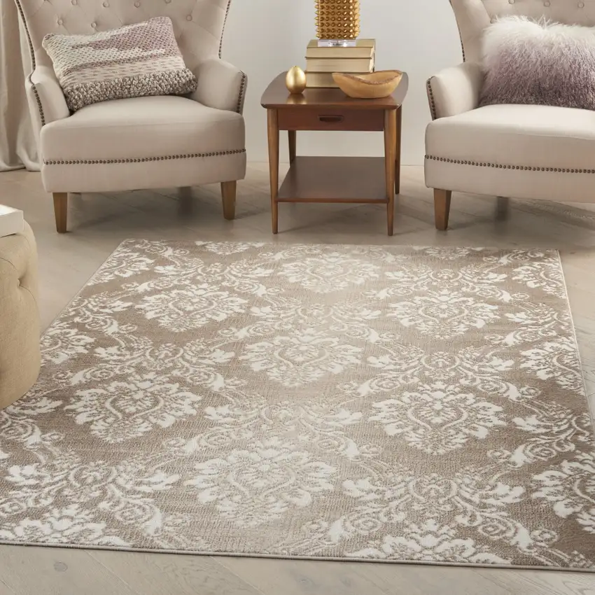 Ivory and Brown Damask Distressed Non Skid Area Rug Photo 9