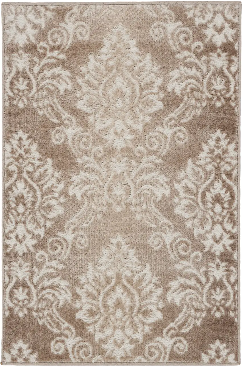 Ivory and Brown Damask Distressed Non Skid Area Rug Photo 5
