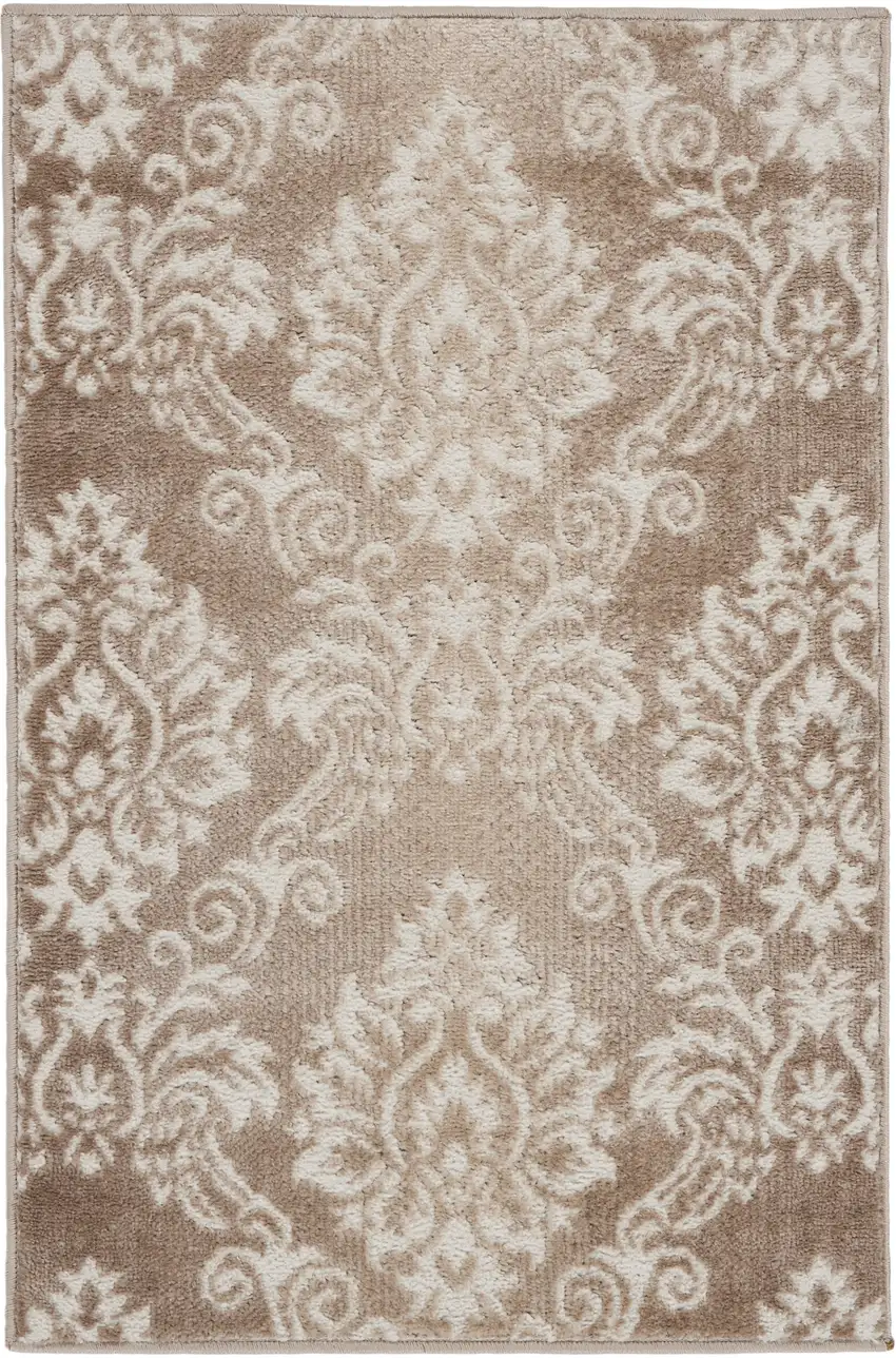 Ivory and Brown Damask Distressed Non Skid Area Rug Photo 2
