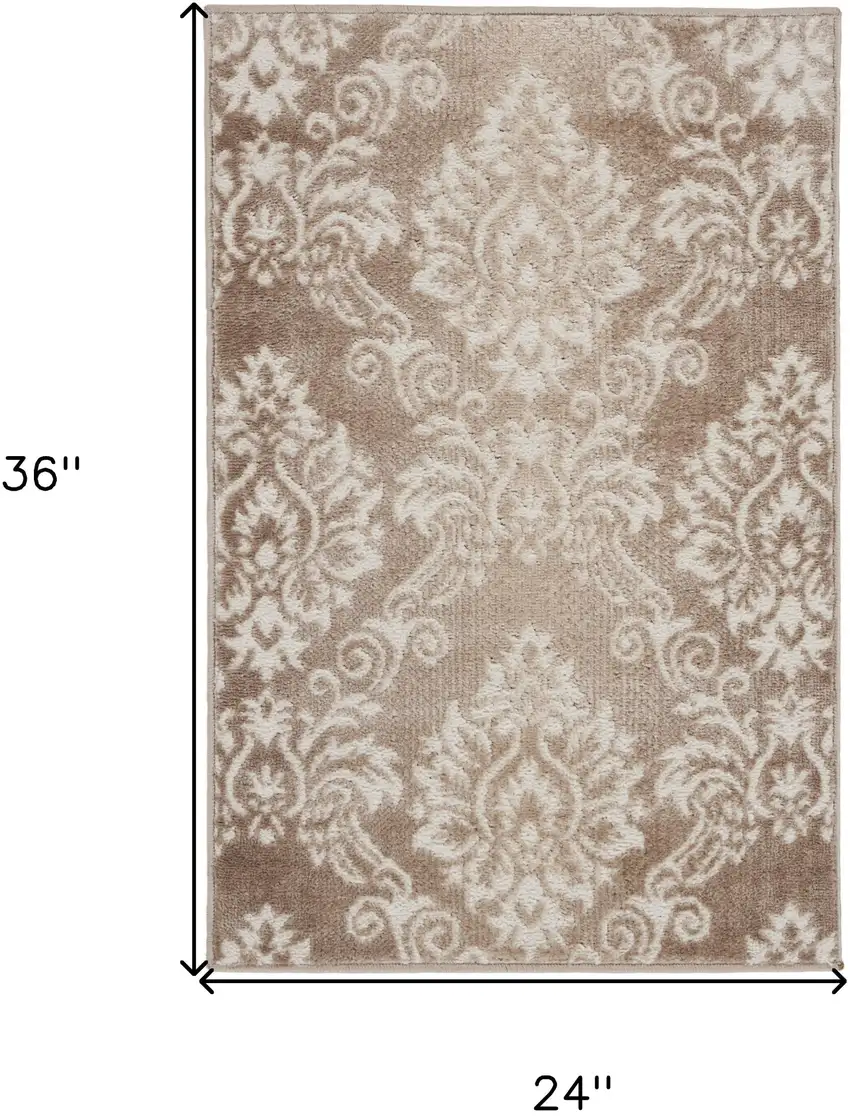 Ivory and Brown Damask Distressed Non Skid Area Rug Photo 3