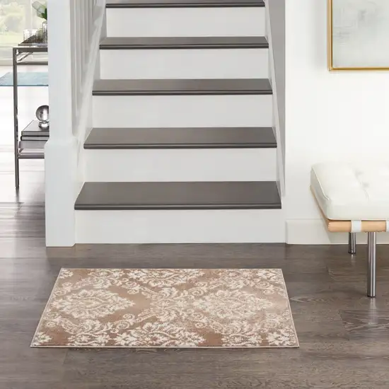 Ivory and Brown Damask Distressed Non Skid Area Rug Photo 3