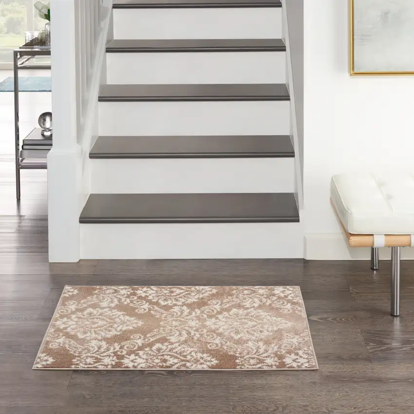Ivory and Brown Damask Distressed Non Skid Area Rug Photo 3