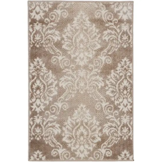 Ivory and Brown Damask Distressed Non Skid Area Rug Photo 1