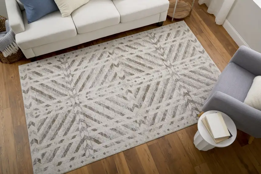 Ivory and Brown Geometric Power Loom Area Rug Photo 9