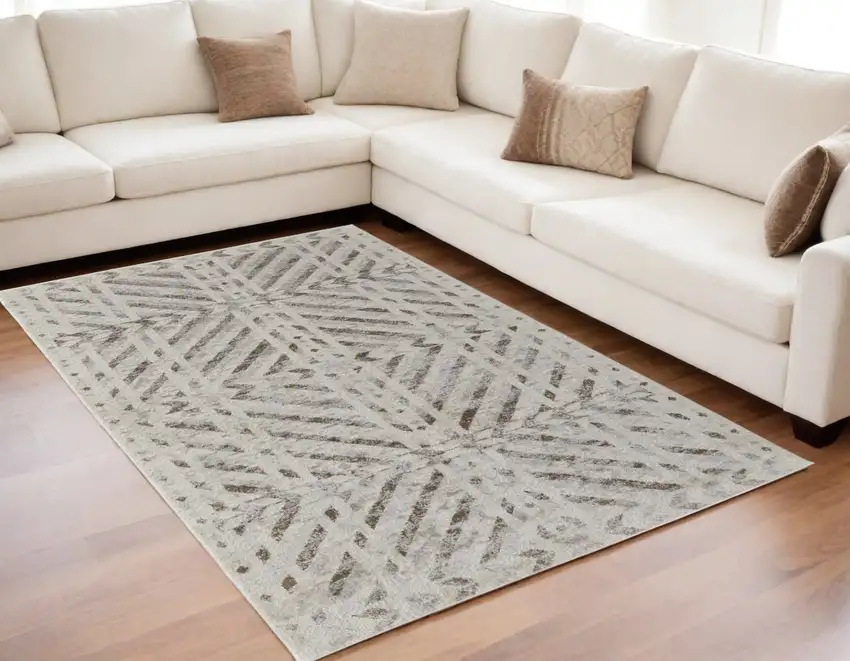 Ivory and Brown Geometric Power Loom Area Rug Photo 1