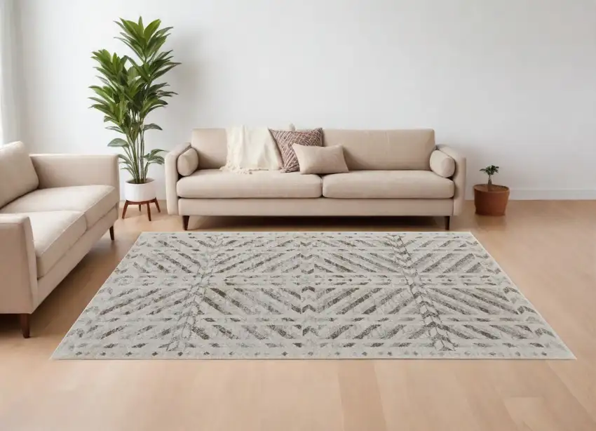 Ivory and Brown Geometric Power Loom Area Rug Photo 1