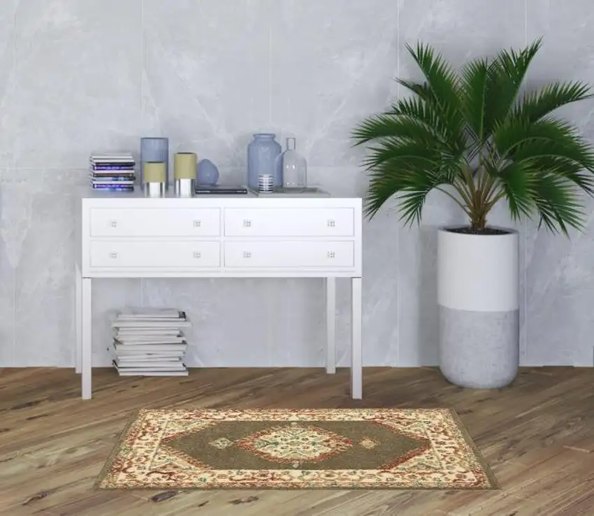 Ivory and Brown Oriental Power Loom Area Rug Photo 2