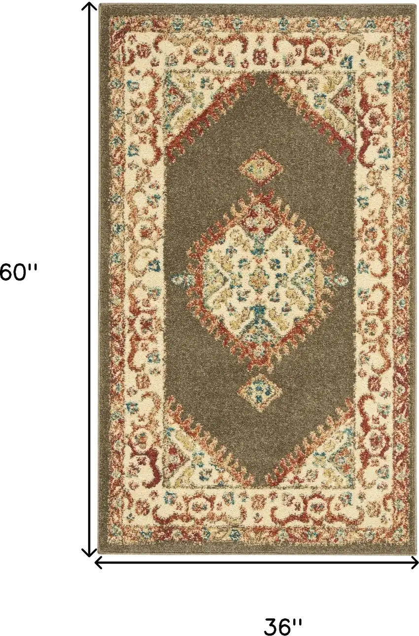 Ivory and Brown Oriental Power Loom Area Rug Photo 10