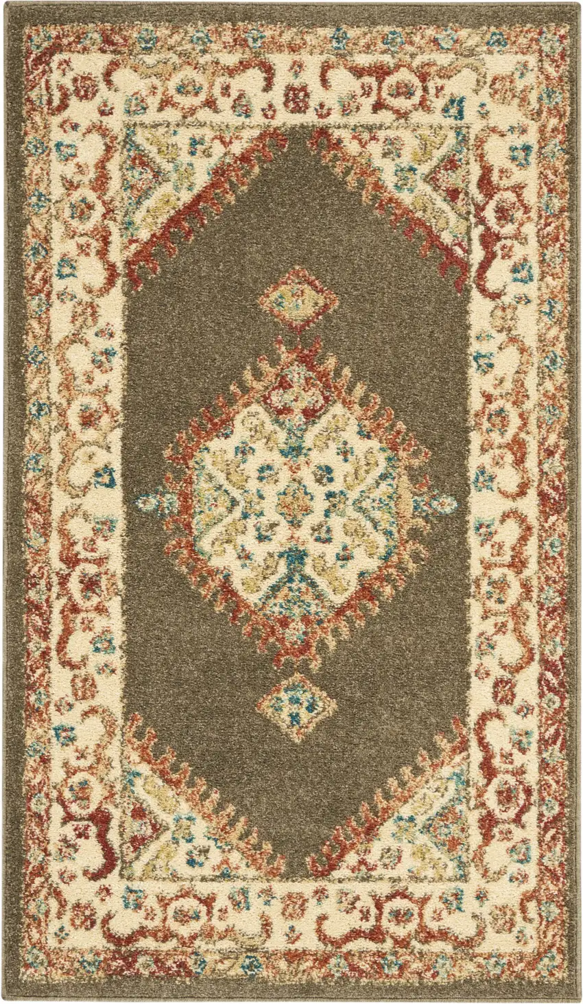 Ivory and Brown Oriental Power Loom Area Rug Photo 1