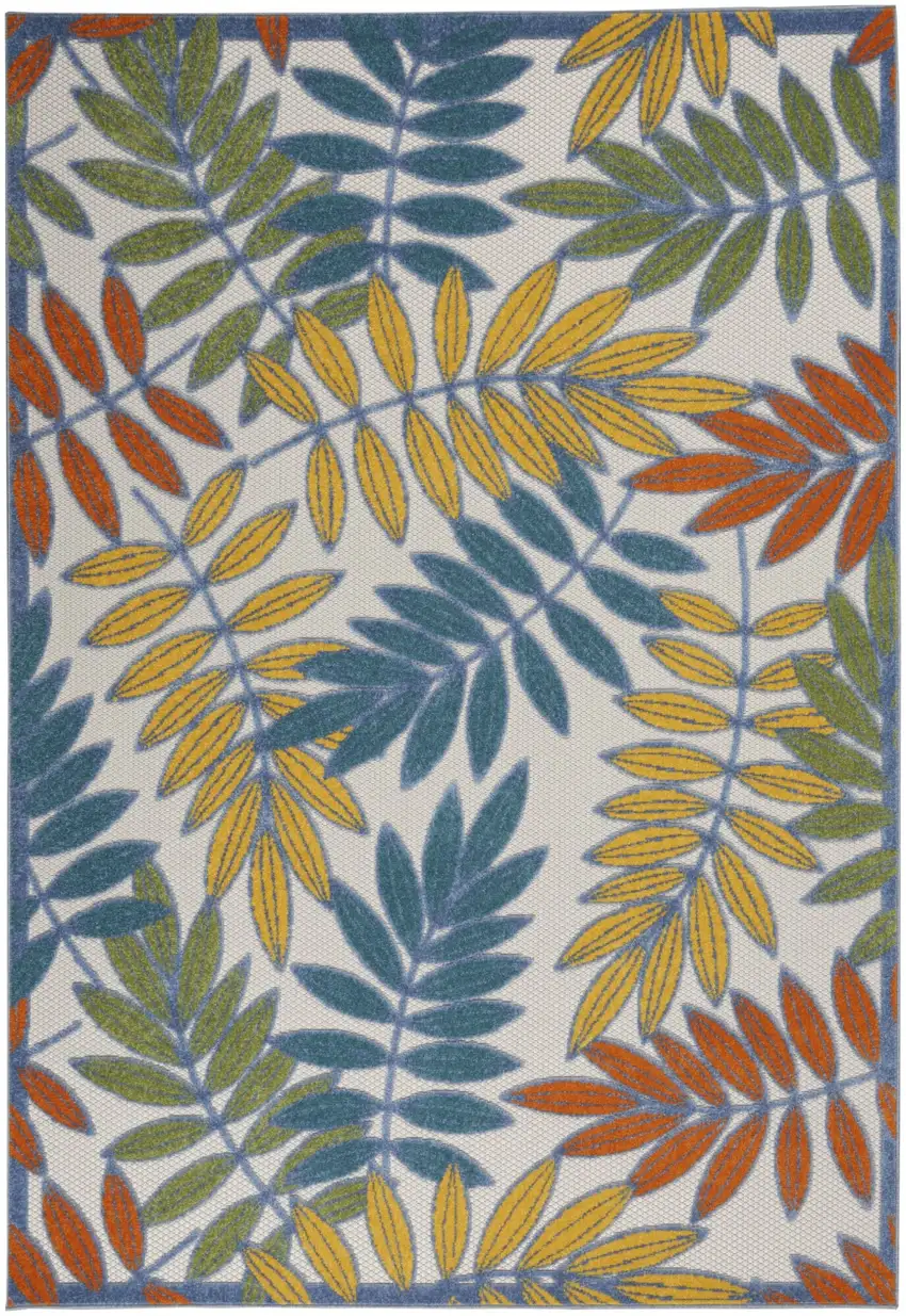 Ivory and Colored Leaves Indoor Outdoor Runner Rug Photo 1
