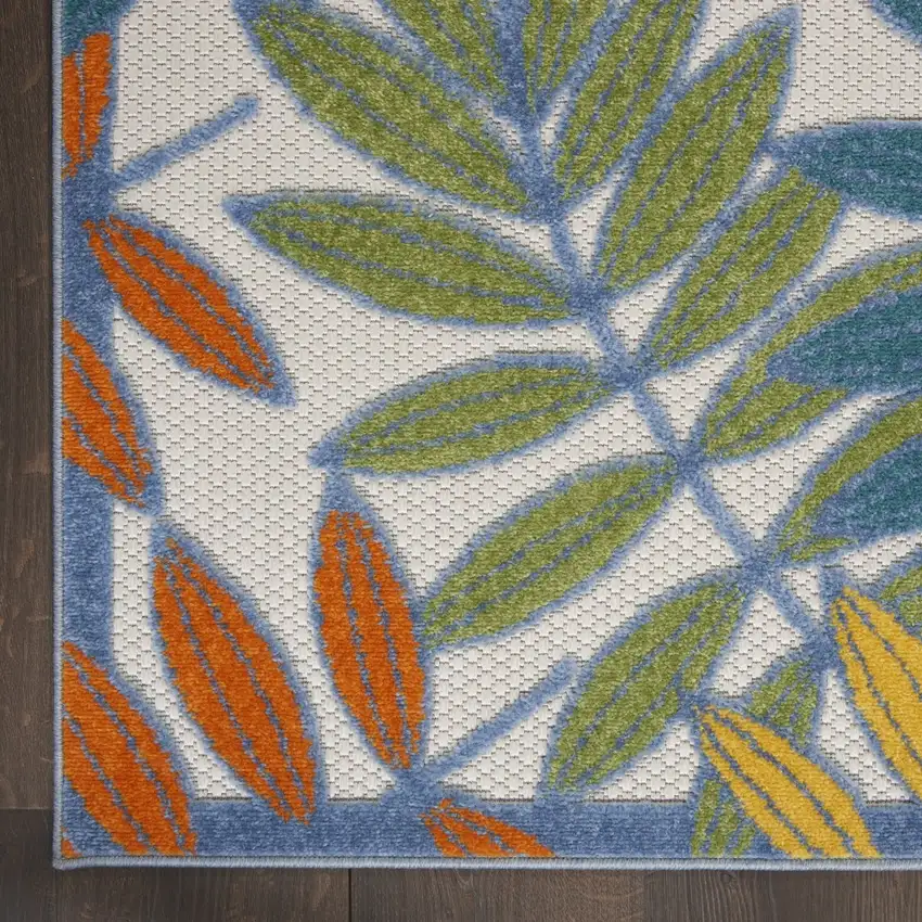 Ivory and Colored Leaves Indoor Outdoor Runner Rug Photo 3