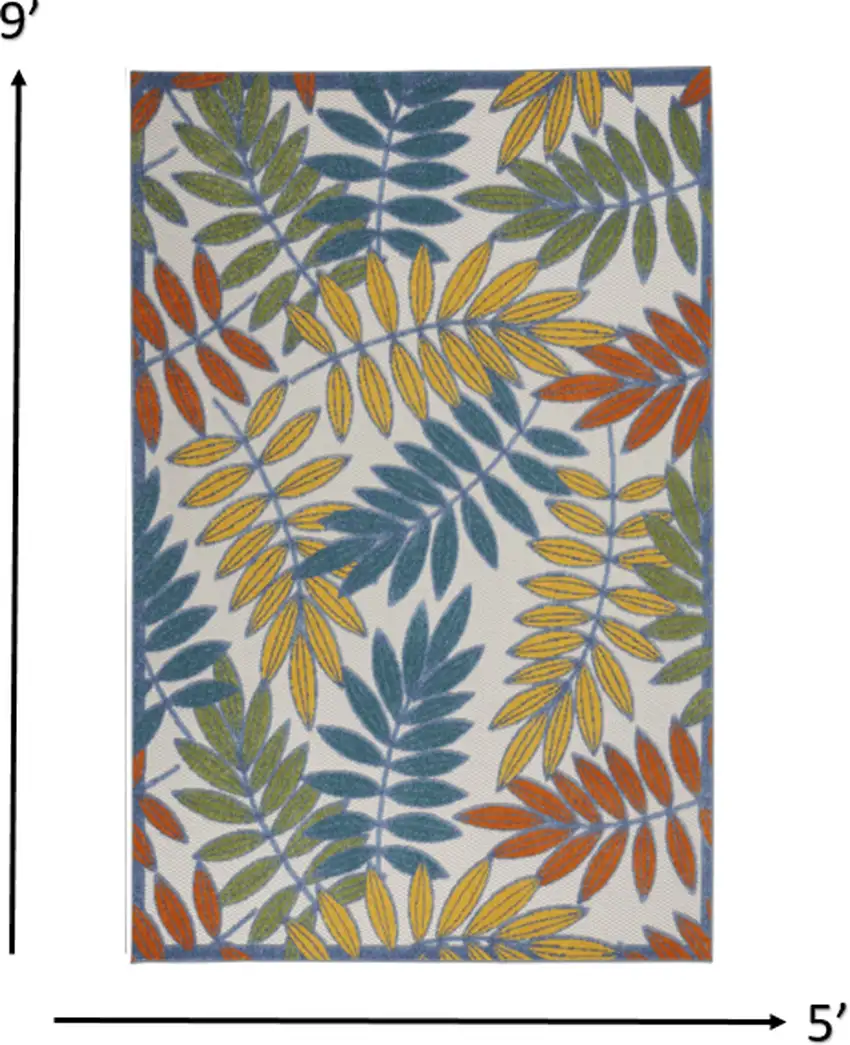 Ivory and Colored Leaves Indoor Outdoor Runner Rug Photo 3