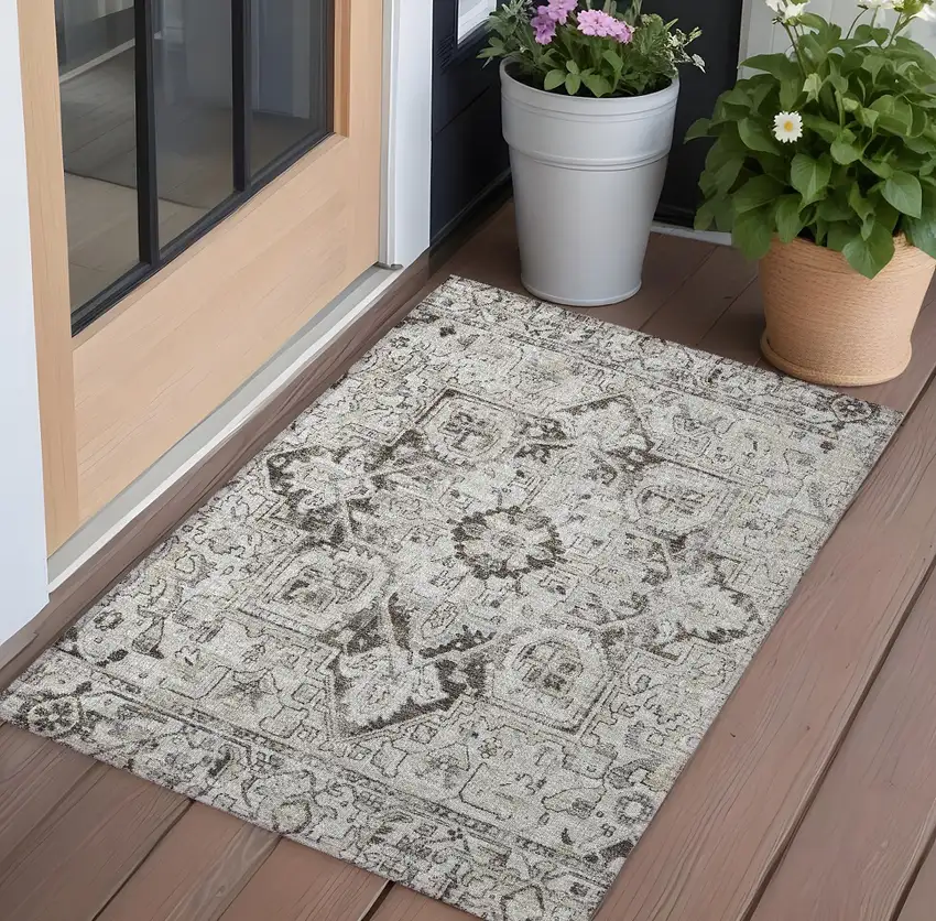 Ivory and Dark Brown Oriental Washable Non Skid Indoor Outdoor Area Rug Photo 1