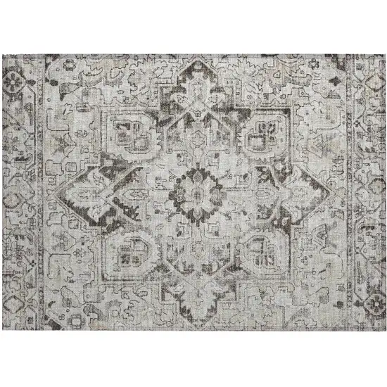 Ivory and Dark Brown Oriental Washable Non Skid Indoor Outdoor Area Rug Photo 2