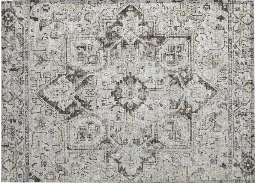 Ivory and Dark Brown Oriental Washable Non Skid Indoor Outdoor Area Rug Photo 2