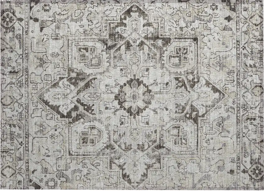 Ivory and Dark Brown Oriental Washable Non Skid Indoor Outdoor Area Rug Photo 2