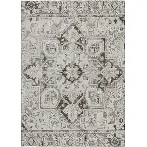 Photo of Ivory and Dark Brown Oriental Washable Non Skid Indoor Outdoor Area Rug