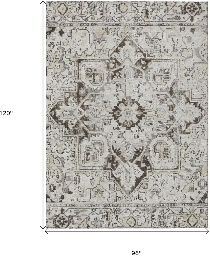 Ivory and Dark Brown Oriental Washable Non Skid Indoor Outdoor Area Rug Photo 3