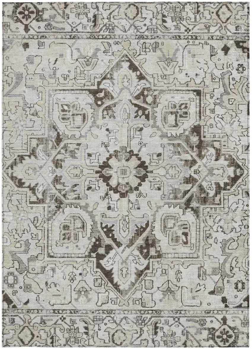 Ivory and Dark Brown Oriental Washable Non Skid Indoor Outdoor Area Rug Photo 4