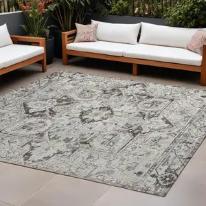 Photo of Ivory and Dark Brown Oriental Washable Non Skid Indoor Outdoor Area Rug