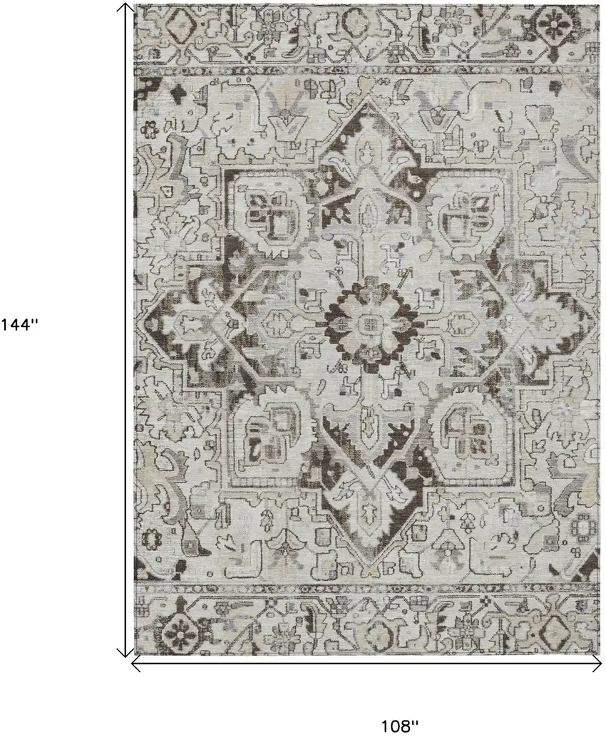 Ivory and Dark Brown Oriental Washable Non Skid Indoor Outdoor Area Rug Photo 3