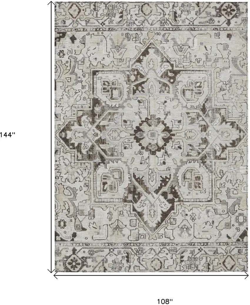 Ivory and Dark Brown Oriental Washable Non Skid Indoor Outdoor Area Rug Photo 3