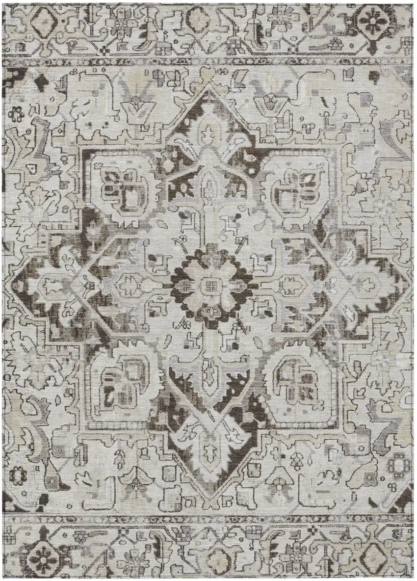 Ivory and Dark Brown Oriental Washable Non Skid Indoor Outdoor Area Rug Photo 2