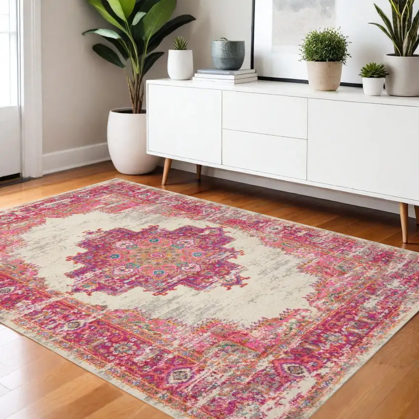 Ivory And Fuchsia Oriental Distressed Area Rug Photo 2
